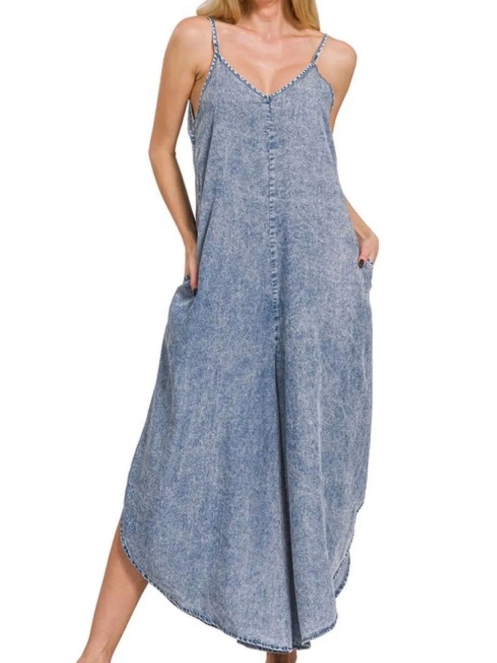 NWOT Zenana Light wash tencel jumper with adjustable Straps